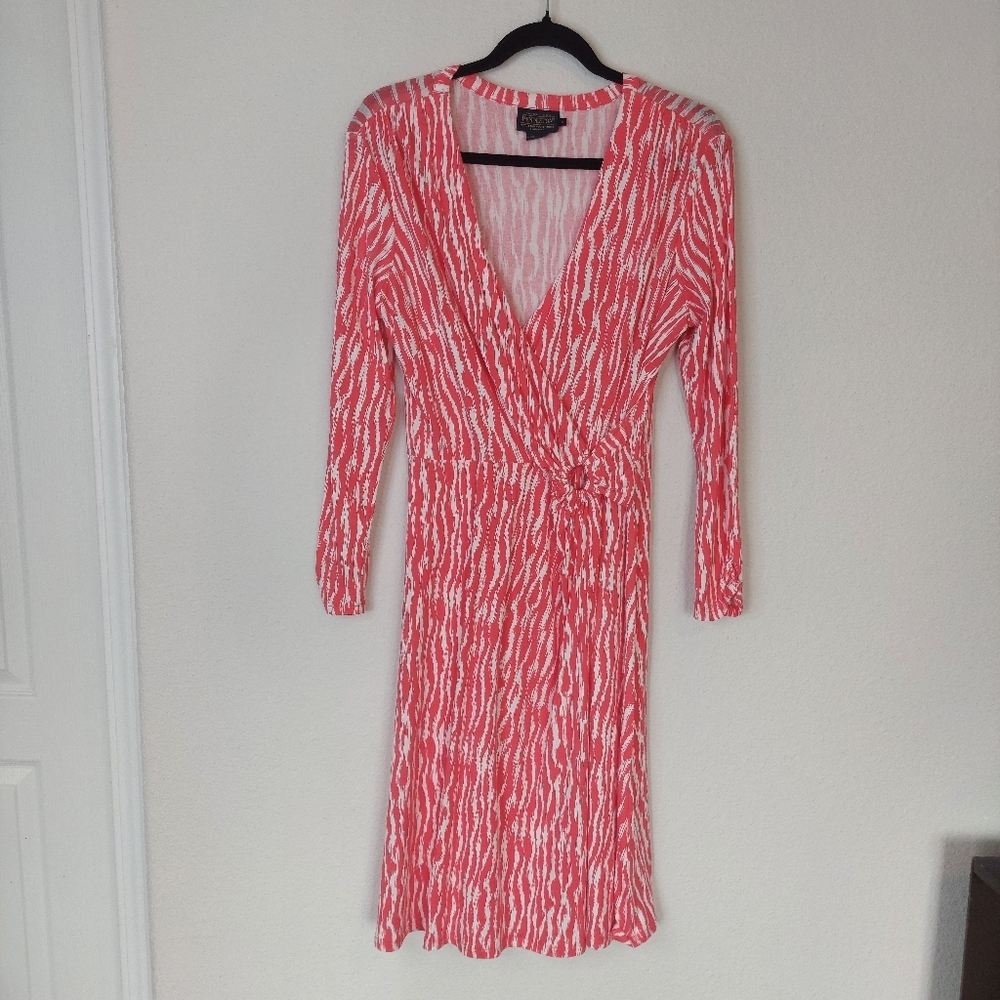 Pendleton Coral & White Wavy Stripes Faux Wrap Breezeway Dress ‎ Size Small
